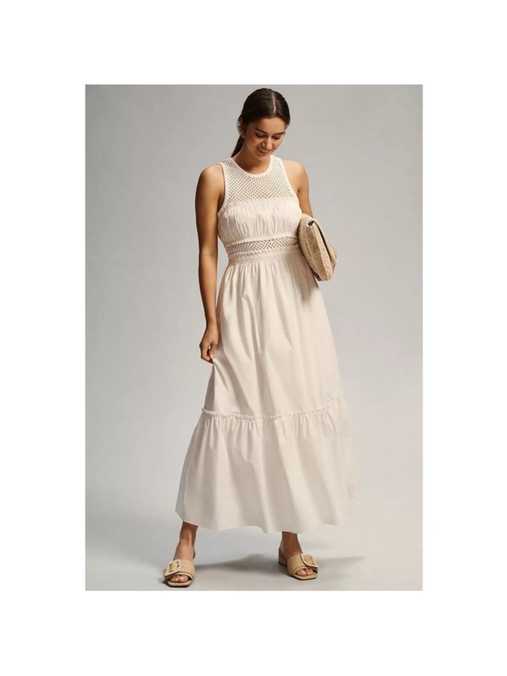 ANTHROPOLOGIE‎ Mare Mare Smocked Tiered Maxi Dress Crew Neck White M